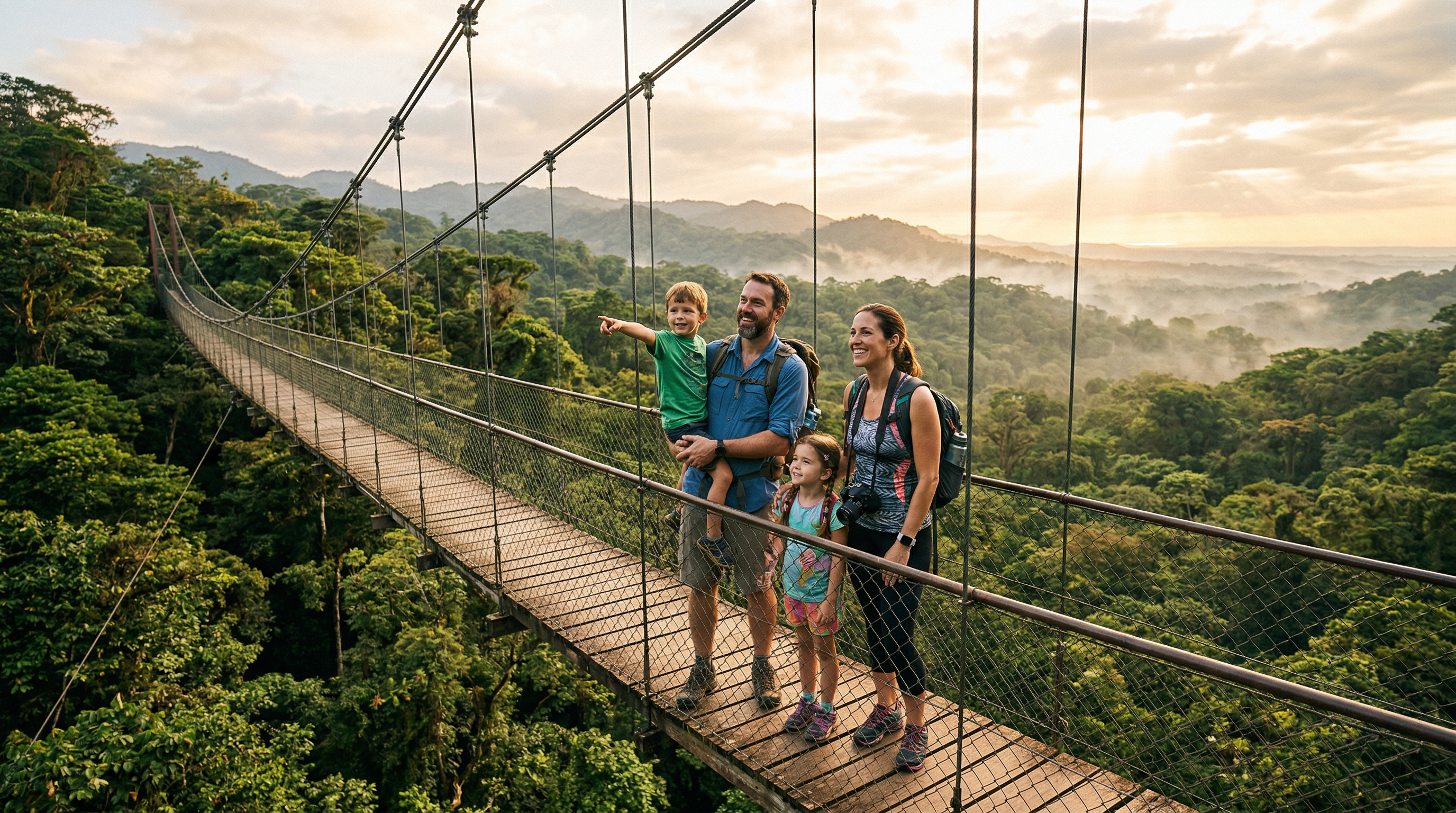A family pausing on a rainforest canopy suspension bridge at sunrise