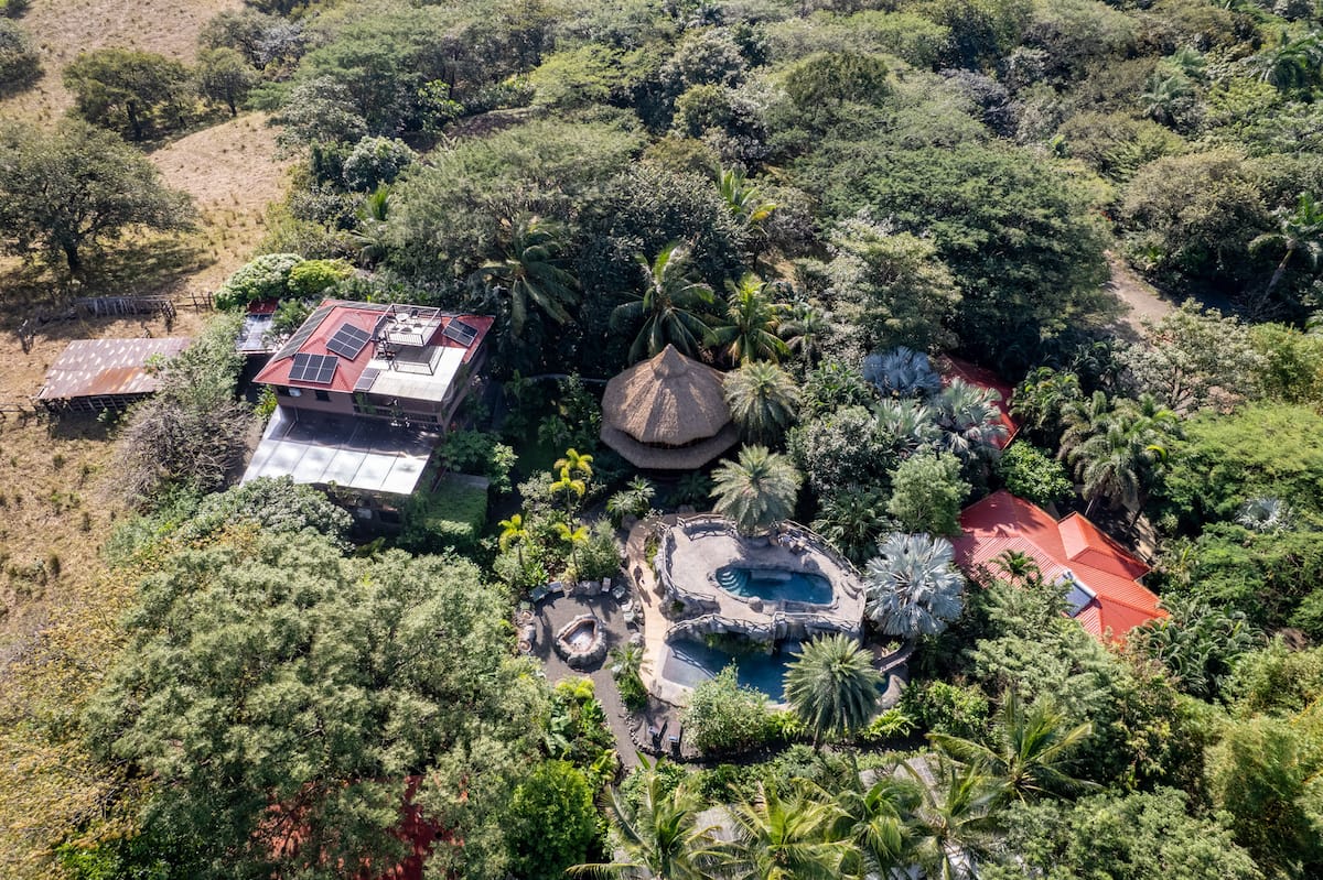 Aerial view of the jungle hotel and its pools